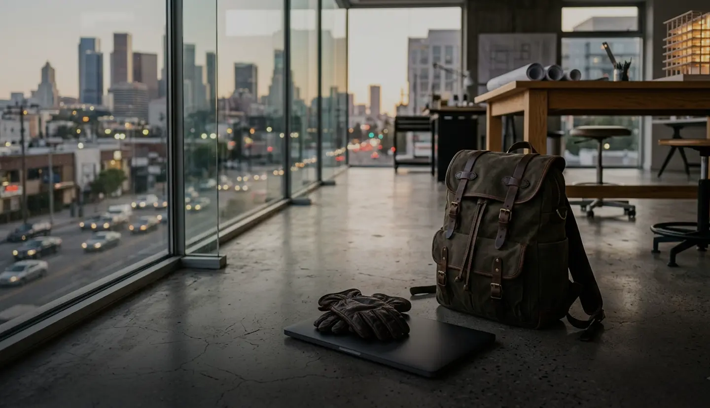 Profesional independiente trabajando en oficina moderna con laptop y planos